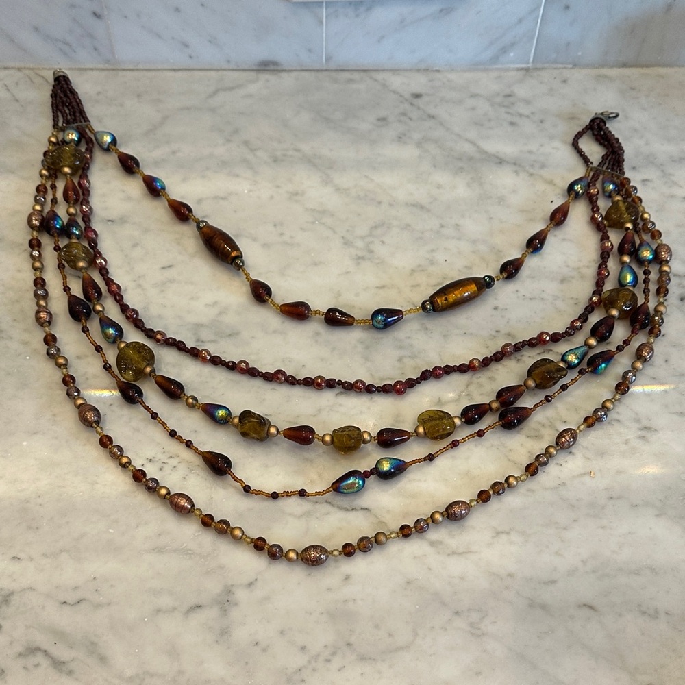 Multi-Strand Brown and Gold Beaded Statement Necklace